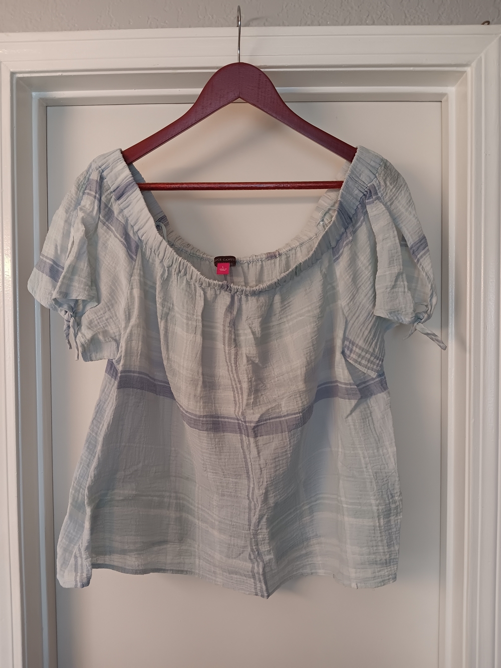 Vince Camuto Pale Blue Striped Off-Shoulder Blouse